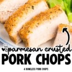 Pinterest graphic for Parmesan Crusted Pork Chops featuring sliced pork chops with broccoli and two containers of Parmesan cheese. On-image text says “parmesan crusted PORK CHOPS,” followed by “4 boneless pork chops, ½ cup parmesan cheese, ¼ cup Italian style bread crumbs, ¼ teaspoon paprika, ½ teaspoon dried parsley, ½ teaspoon black pepper, ½ teaspoon garlic powder, olive oil,” and “Find more recipes at thebestblogrecipes.com.”