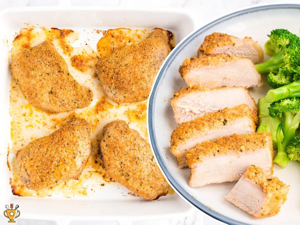Baked Parmesan crusted pork chops in a white baking dish beside a serving plate with sliced pork chops and broccoli, showing both the cooked chops in the pan and the finished plated dinner.