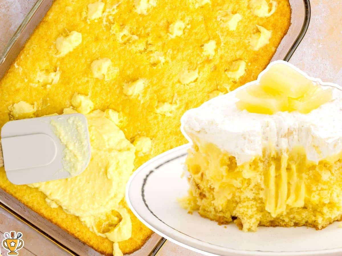 Pineapple poke cake in a glass baking dish with creamy pudding spread over the cake, alongside a plated slice topped with whipped topping and pineapple chunks.