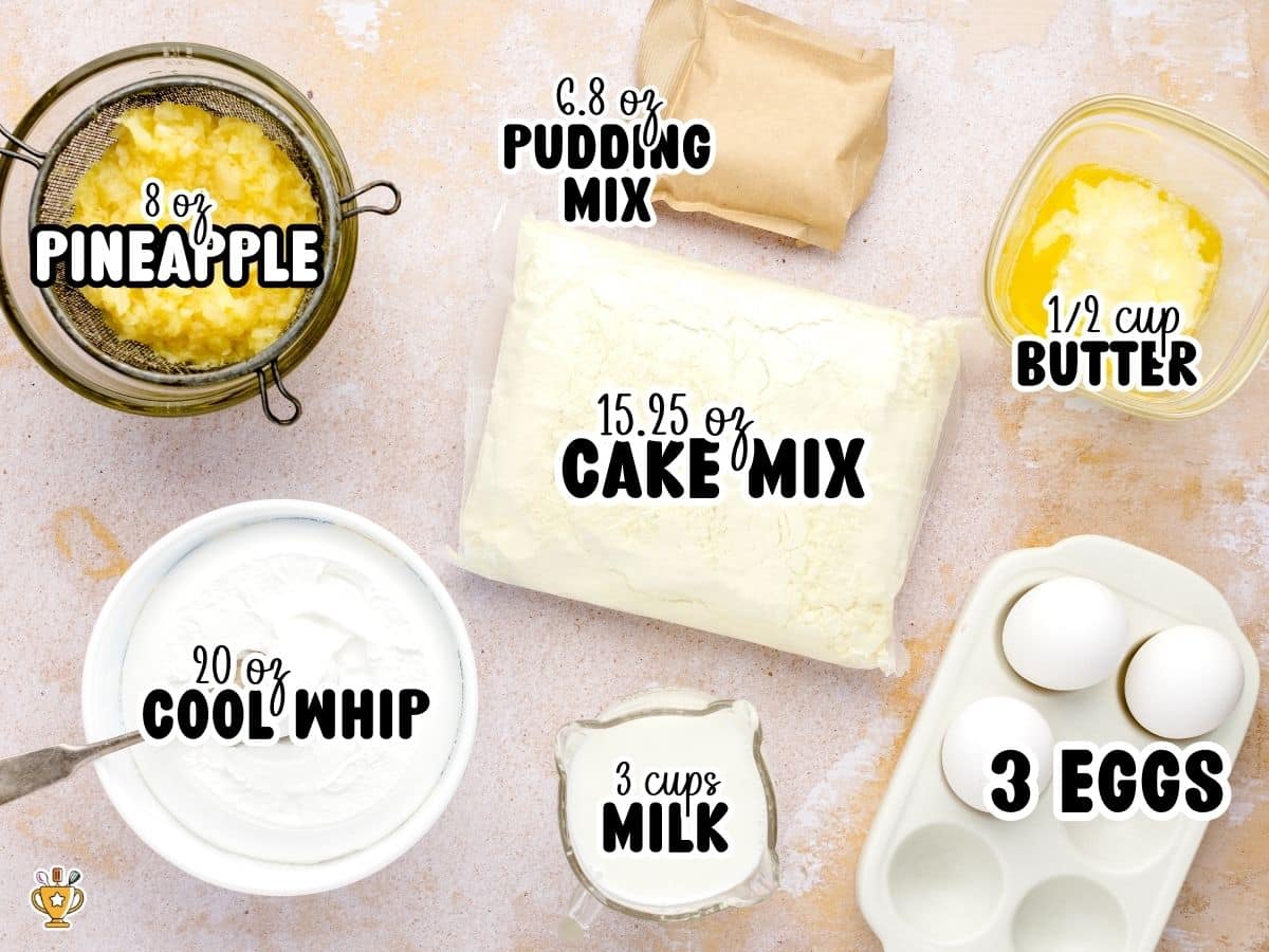 Overhead view of pineapple poke cake ingredients labeled with text: 8 oz pineapple, 6.8 oz pudding mix, 15.25 oz cake mix, ½ cup butter, 20 oz Cool Whip, 3 cups milk, and 3 eggs.