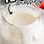 Pinterest pin for homemade ranch dressing showing a jar of ranch with herbs and a drip down the side. Text on image says &ldquo;Homemade Ranch dressing&rdquo; and &ldquo;Better than Bottled!&rdquo; with a &ldquo;Best Blog Recipes&rdquo; logo.