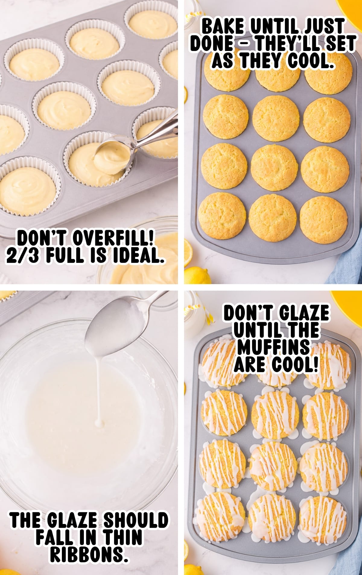 Overhead collage showing the steps for cake mix muffins: batter scooped into lined muffin cups about two-thirds full, baked muffins with domed tops in the pan, lemon glaze falling from a spoon in thin ribbons, and cooled muffins drizzled with glaze.