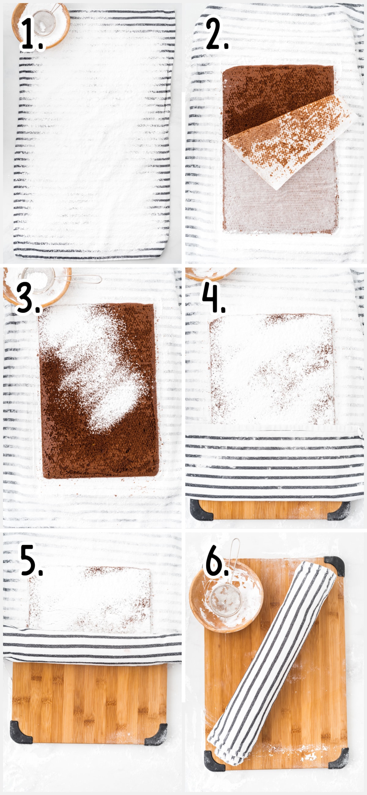 Step-by-step collage showing how to roll a chocolate Swiss roll cake: powdered sugar dusted onto a tea towel, cake flipped and parchment removed, cake dusted with sugar, towel folded over the edge, cake rolled tightly in the towel, and the rolled cake resting to cool on a cutting board.