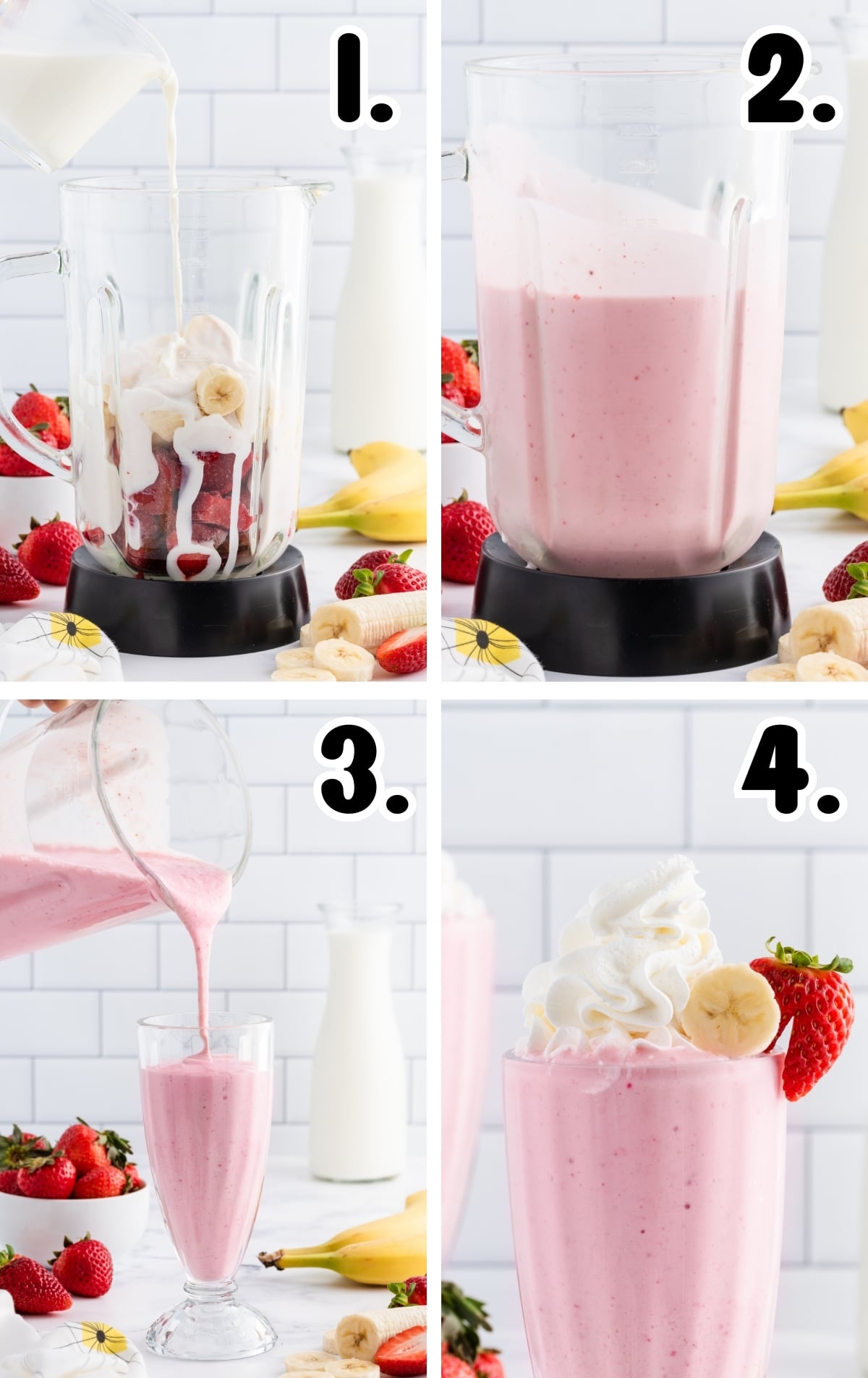 four-step process showing milk yogurt strawberries and banana added to a blender blended into a smooth pink strawberry banana smoothie poured into a glass and finished with whipped cream banana slice and strawberry on top