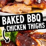 Pinterest image for Baked Barbecue Chicken Thighs with glossy BBQ-glazed chicken and text reading “Baked BBQ Chicken Thighs” and “30-Min Dinner!”