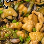 Close-up of Panda Express mushroom chicken with text overlay reading “Panda Express Mushroom Chicken Recipe” and “Ready in 25 mins!!”