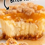 Close-up of peach cobbler cheesecake bite with visible layers and crumble topping, text overlay reads “Peach Cobbler Cheesecake Bites Recipe” and “Quick & Easy TREAT!!!” with mini cheesecake bites shown below