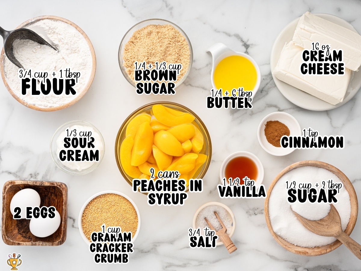 Overhead view of measured ingredients for peach cobbler cheesecake bites on a marble surface, including flour, brown sugar, butter, cream cheese, sour cream, eggs, graham cracker crumbs, peaches in syrup, vanilla, cinnamon, sugar, and salt with labeled text on each ingredient