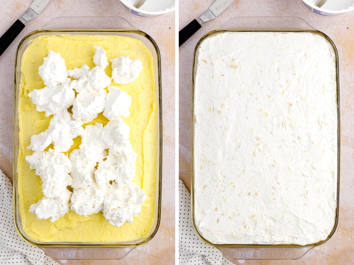 Spreading pineapple whipped topping over the pudding layer, then smoothing it into an even layer to finish the cake before chilling