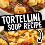 Horizontal Pinterest graphic for tortellini soup recipe with a bowl of soup, a pot of soup, text overlay, and arrow pointing to the dish.