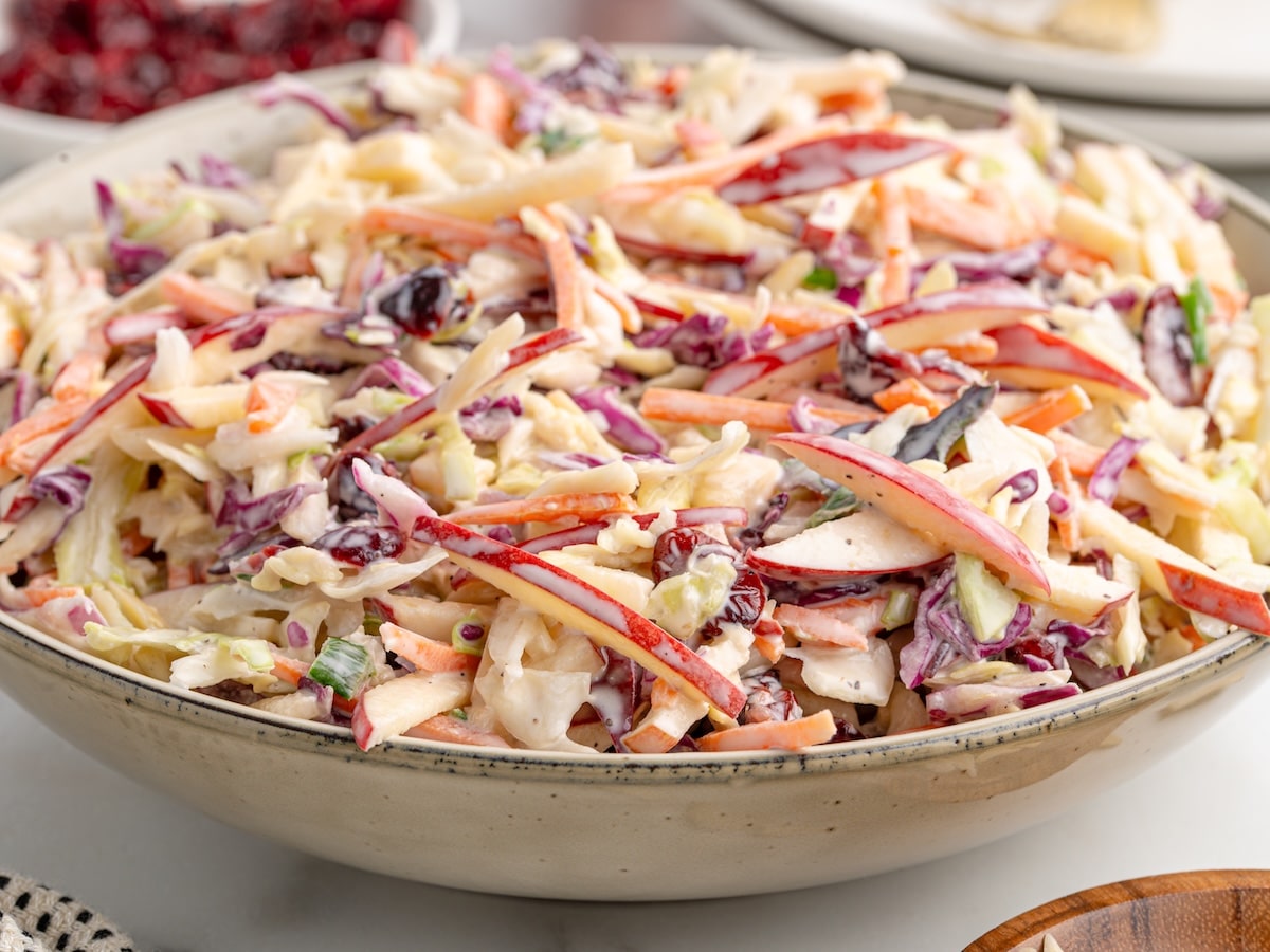 Apple slaw with thinly sliced red apples, cabbage, carrots, dried cranberries, and slivered almonds tossed in a creamy dressing in a shallow serving bowl
