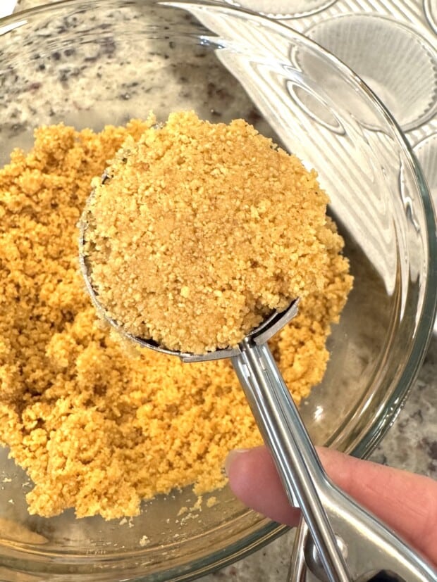 Graham cracker crust mixture scooped into a bowl showing a sandy texture for cheesecake base