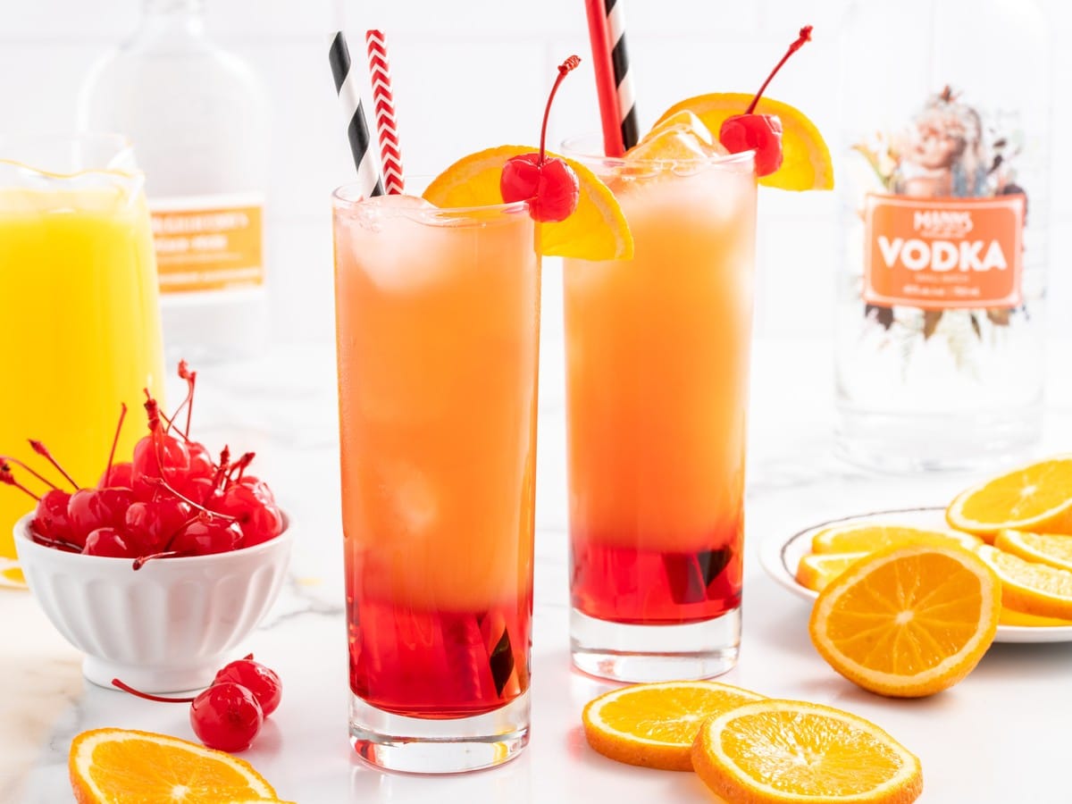 Two Sex on the Beach drinks in tall glasses with striped straws, orange slices, maraschino cherries, cranberry layers, and orange juice.