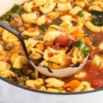 Bowl of tortellini soup with cheese tortellini, sausage, tomatoes, kale, carrots, and grated Parmesan in tomato broth.