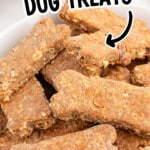 Pinterest pin for Bacon Dog Treats showing close-up of homemade bone-shaped treats with text that reads “BACON DOG TREATS” and “YOUR DOGS WILL LOVE,” with an arrow pointing to the treats and Best Blog Recipes logo.