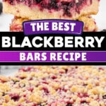 Pinterest graphic for blackberry bars featuring stacked blackberry crumb bars and the text “THE BEST BLACKBERRY BARS RECIPE” and “SOOO EASY TO MAKE!!”