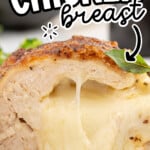Close-up of sliced cheese stuffed chicken breast with melted cheese filling and basil garnish, with text overlay &ldquo;cheese stuffed chicken breast easy to make&rdquo; and Best Blog Recipes logo.