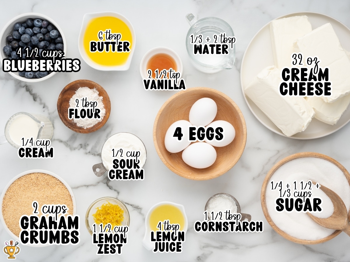 Overhead view of lemon blueberry cheesecake ingredients on a marble surface including blueberries, butter, water, cream cheese, eggs, sugar, sour cream, heavy cream, lemon juice, lemon zest, cornstarch, flour, vanilla, and graham cracker crumbs with labeled measurements.