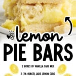 Pinterest graphic for lemon pie bars featuring stacked creamy lemon dessert bars with text that reads “Lemon Pie Bars” and an ingredient list, plus The Best Blog Recipes website mention.