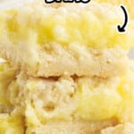 Pinterest image for homemade lemon pie bars with text that reads “How to Make Lemon Pie Bars” and “With Simple Ingredients!” over a close-up of stacked lemon dessert bars.