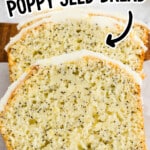 Pinterest image for lemon poppy seed bread with text overlay “LEMON POPPY SEED BREAD” and “BAKERY STYLE AT HOME!!” showing a close-up of glazed lemon poppy seed bread slices with a moist crumb and visible poppy seeds.