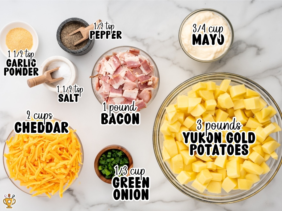 Ingredient layout for Mississippi Mud Potatoes showing cheddar cheese, Yukon gold potatoes, bacon, green onion, mayo, garlic powder, salt, and pepper with labeled measurements.