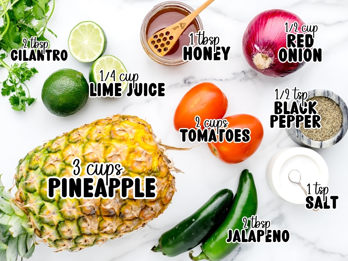 Overhead ingredient photo for pineapple salsa with labeled text showing pineapple, tomatoes, red onion, jalapeño, cilantro, lime juice, honey, black pepper, and salt on a marble surface.