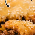 Pinterest recipe graphic for sloppy joe bake with on-image text reading “Easy & Cheesy Sloppy Joe bake recipe” and “The Ultimate Comfort Food!”, featuring a close-up of a cheesy sloppy joe casserole bite with flaky golden crescent crust, seasoned ground beef, onions, green peppers, and sesame seed topping.