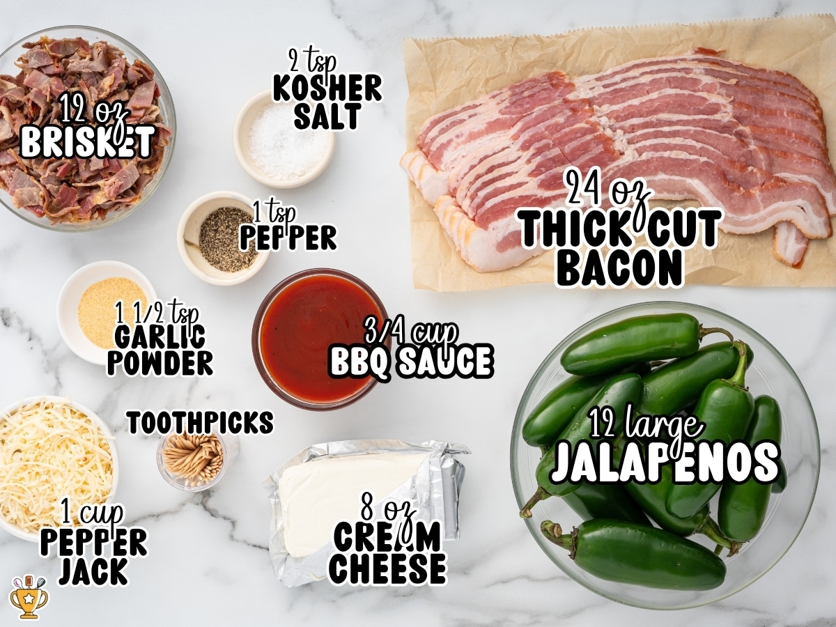 Ingredient photo for Texas Twinkies with labeled ingredients including 12 large jalapenos, 12 oz brisket, 24 oz thick cut bacon, 8 oz cream cheese, pepper jack cheese, BBQ sauce, kosher salt, pepper, garlic powder, and toothpicks.