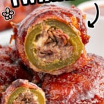 Pinterest image for Texas Twinkies with text reading “Texas Twinkies with creamy & cheesy filling!” featuring glossy bacon-wrapped stuffed jalapenos filled with smoked brisket and cream cheese.