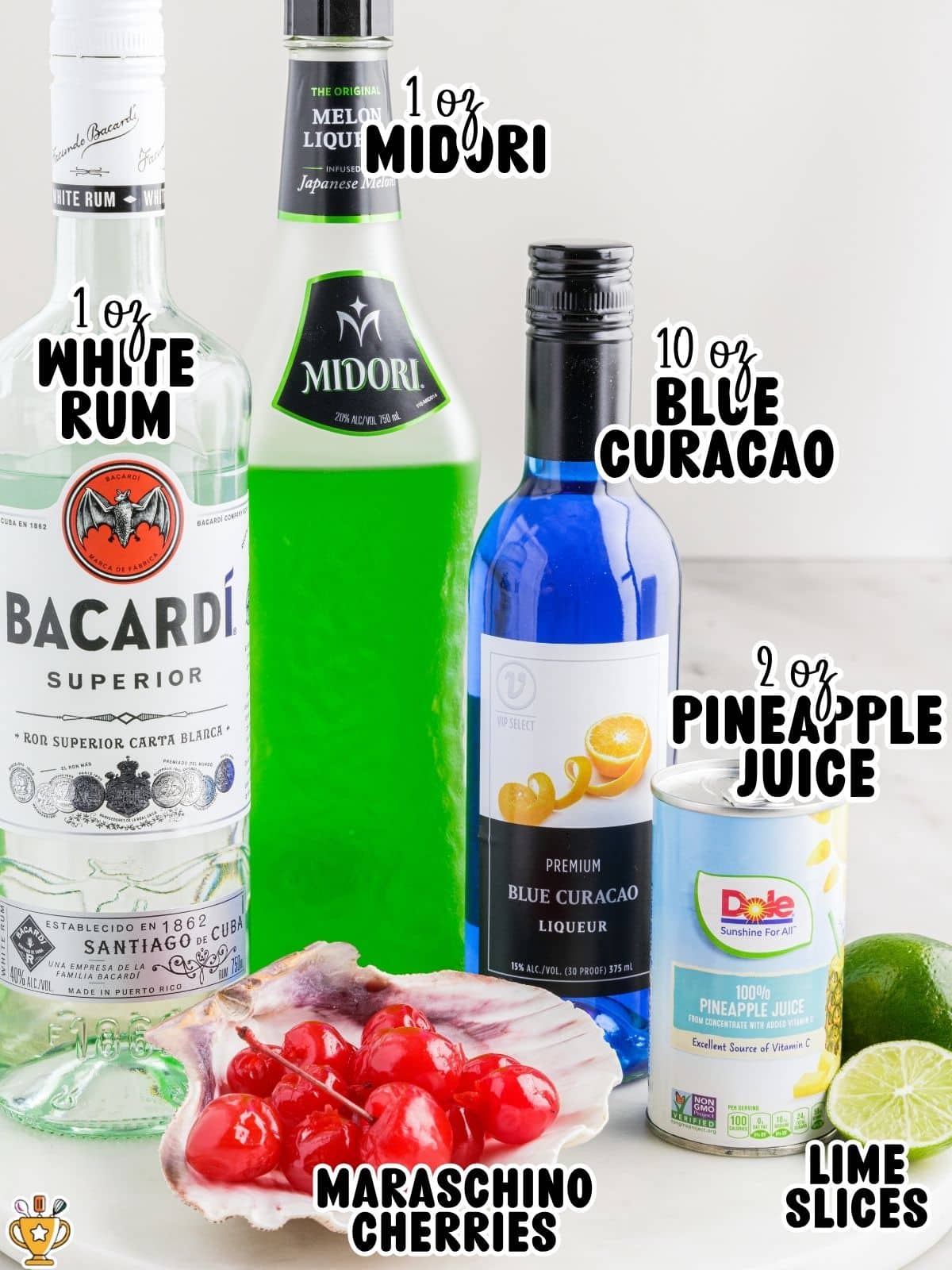Ingredient photo for Tipsy Mermaid cocktail with labeled bottles of white rum, Midori, blue cura&ccedil;ao, pineapple juice, maraschino cherries, and lime slices.