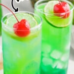 Pinterest graphic for Tipsy Mermaid cocktail with text overlay reading &ldquo;how to make Tipsy Mermaid in 10 minutes!&rdquo; and &ldquo;so refreshing!&rdquo; over layered tropical cocktails.