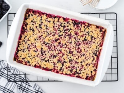 Baked blackberry pie bars with golden crumble topping in a white baking dish on a wire cooling rack