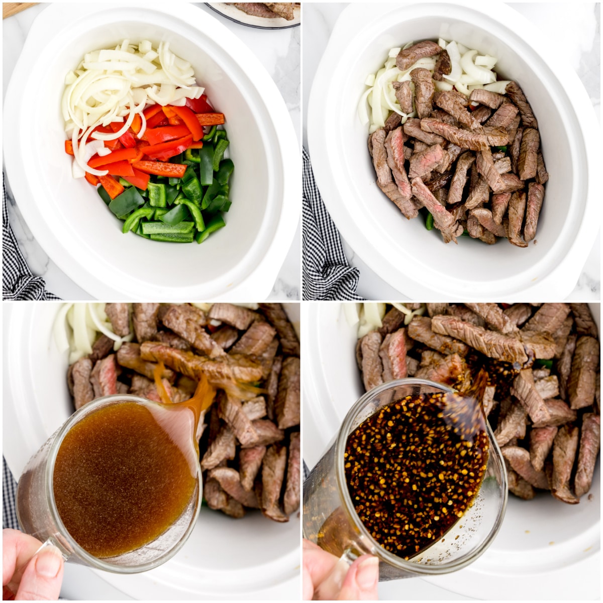 Four step-by-step photos showing how to layer crockpot pepper steak: vegetables in the slow cooker, beef strips added on top, then broth and sauce poured over everything