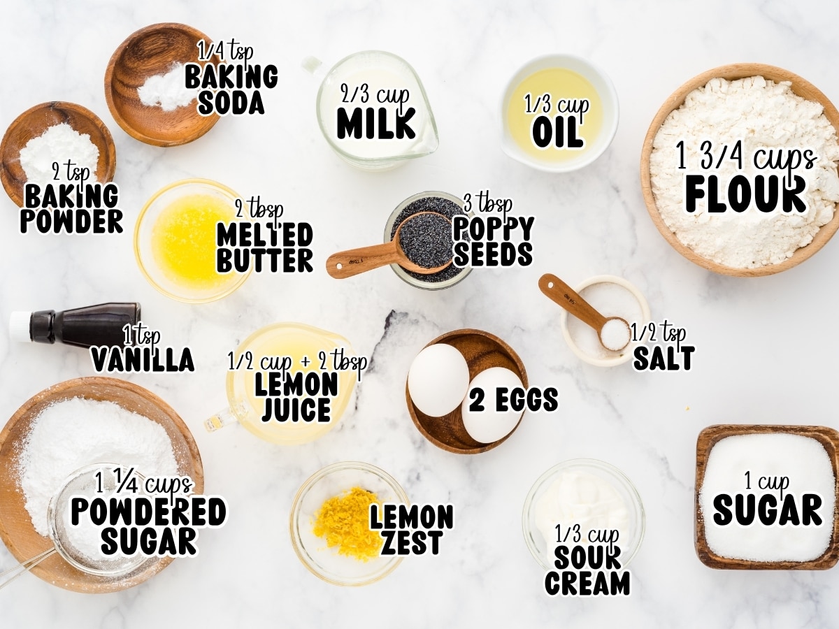 Ingredient collage for lemon poppy seed bread with text labels showing measured ingredients including flour, sugar, eggs, milk, oil, sour cream, lemon juice, lemon zest, poppy seeds, vanilla, baking powder, baking soda, salt, melted butter, and powdered sugar.