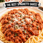 Homemade spaghetti Bolognese with a rich and hearty meat sauce served over spaghetti and topped with Parmesan cheese and fresh herbs.