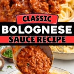 Pinterest graphic showcasing classic Bolognese sauce served over spaghetti with a ladle pouring thick, hearty meat sauce onto pasta. The image text reads, "Classic Bolognese Sauce Recipe" and "For Cozy Family Dinners," with the Best Blog Recipes logo displayed in the corner.
