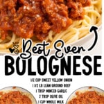 Pinterest graphic for Bolognese featuring a close-up of spaghetti topped with rich homemade meat sauce, grated Parmesan, and parsley. The text reads, "Best Ever Bolognese," followed by an ingredient list including sweet yellow onion, lean ground beef, garlic, olive oil, whole milk, bay leaf, carrots, celery, salt, black pepper, tomato paste, dry white wine, and crushed tomatoes. The graphic also includes the text, "Find More Recipes at TheBestBlogRecipes.com."