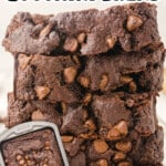 Pinterest graphic showing a tall stack of fudgy Chocolate Zucchini Bread slices with chocolate chips and the text "Chocolate Zucchini Bread" and "Ready in Just 1 Hour!"