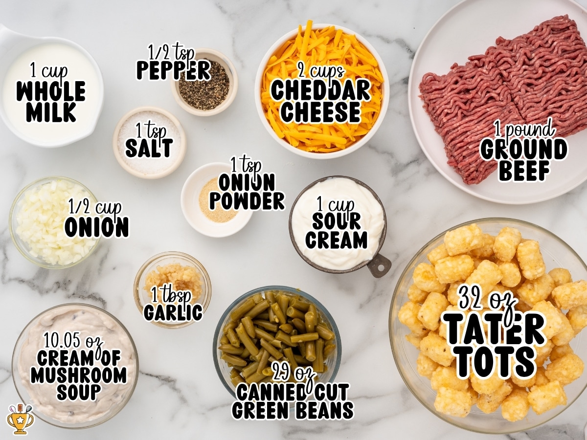 Ingredients for Hamburger Tater Tot Casserole arranged on a marble surface, including ground beef, tater tots, cheddar cheese, cream of mushroom soup, sour cream, whole milk, green beans, onion, garlic, salt, pepper, and onion powder. Text overlay lists ingredient names and measurements.