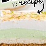 Pinterest graphic for Key Lime Pie Lasagna recipe showing a close-up of the dessert's layers with text reading "Key Lime Pie Lasagna Recipe" and "easy summer treat!" over the image.