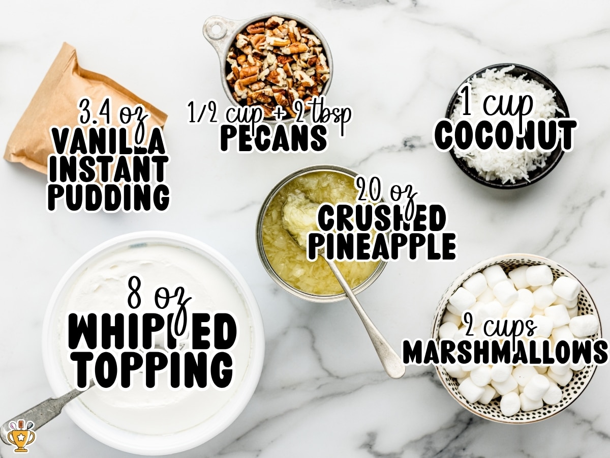 Overhead view of the ingredients for Pineapple Fluff on a marble surface, including 20 ounces crushed pineapple, 8 ounces whipped topping, 2 cups mini marshmallows, 1 cup coconut, ½ cup plus 2 tablespoons pecans, and 3.4 ounces vanilla instant pudding mix with ingredient labels.