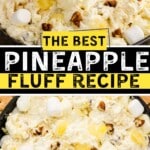 Pinterest graphic featuring creamy Pineapple Fluff topped with pineapple pieces, pecans, and mini marshmallows with the text "The Best Pineapple Fluff Recipe" and "Year-Round Delight!" alongside a Best Blog Recipes logo.