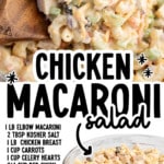 Recipe card graphic for Chicken Macaroni Salad with a close-up of creamy macaroni salad and a glass bowl of the finished dish. Text on image reads “Chicken Macaroni Salad” and lists ingredients including elbow macaroni, kosher salt, chicken breast, carrots, celery hearts, red onion, raisins, sweet relish, mayonnaise, Dijon mustard, black pepper, green peppers, pineapple tidbits, and mild cheddar cheese, along with “Find More Recipes at TheBestBlogRecipes.com.”