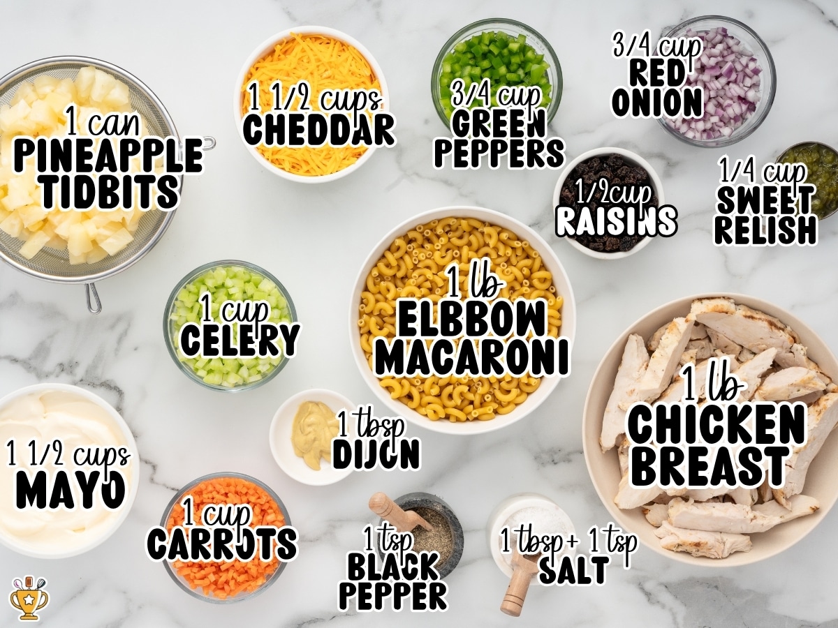 Ingredient lineup for Chicken Macaroni Salad with labeled amounts including elbow macaroni, chicken breast, pineapple tidbits, cheddar cheese, celery, carrots, green peppers, red onion, raisins, mayonnaise, Dijon mustard, sweet relish, salt, and black pepper. Text on image shows ingredient quantities for the recipe.