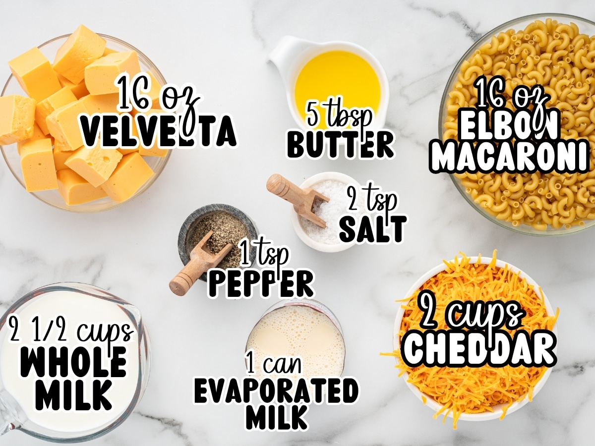 Ingredient collage for Crockpot Velveeta Mac and Cheese showing Velveeta cheese, elbow macaroni, butter, whole milk, evaporated milk, cheddar cheese, salt, and pepper with measurements labeled on the image.