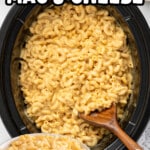 Pinterest graphic for Crockpot Velveeta Mac and Cheese showing creamy macaroni and cheese in a slow cooker and a serving bowl with text that reads "Crockpot Velveeta Mac & Cheese" and "Ultra Creamy Comfort Food."