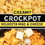 Pinterest graphic for creamy Crockpot Velveeta Mac and Cheese featuring cheesy macaroni in a slow cooker with ingredients added on top and text that reads "Creamy Crockpot Velveeta Mac & Cheese" and "For Busy Weeknights!"