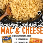 Pinterest graphic for Crockpot Velveeta Mac and Cheese featuring a slow cooker filled with creamy macaroni and cheese and text that reads "crockpot velveeta MAC & CHEESE" with an ingredient list and "Find more recipes at TheBestBlogRecipes.com."