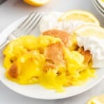 Warm Lemon Cobbler served on a white dessert plate with whipped cream and fresh lemon slices, showcasing the rich lemon filling and golden cobbler topping in this easy homemade dessert recipe.